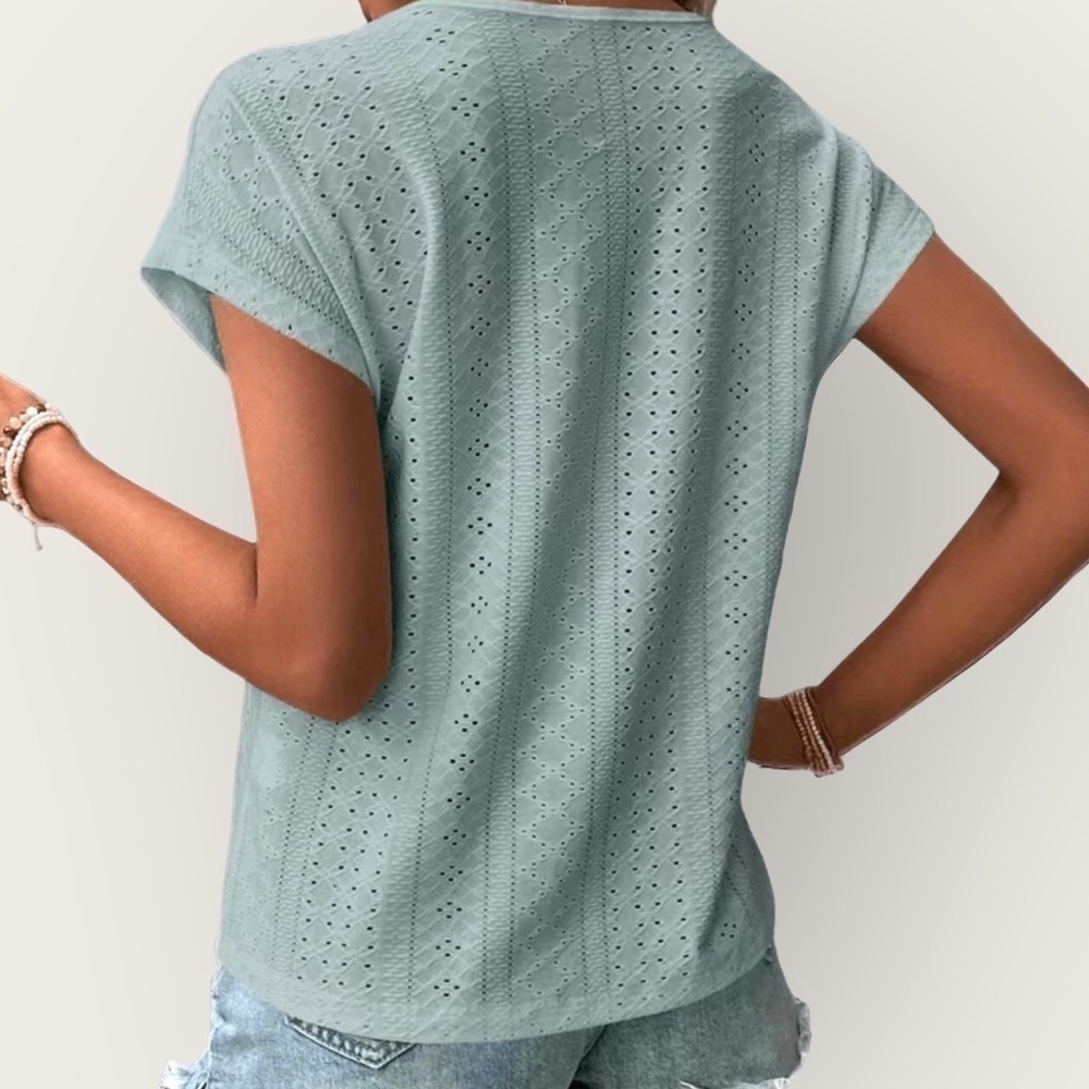 Seafoam Green Embroidered Lace V Neck Boho Eyelet Short Sleeve Short Medium New - Picture 3 of 4